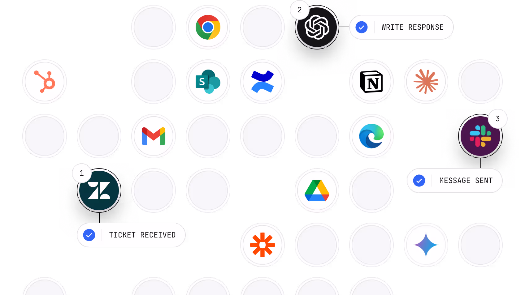 Integration ecosystem showing connections between various tools like HubSpot, Slack, Google Drive, Notion, and more